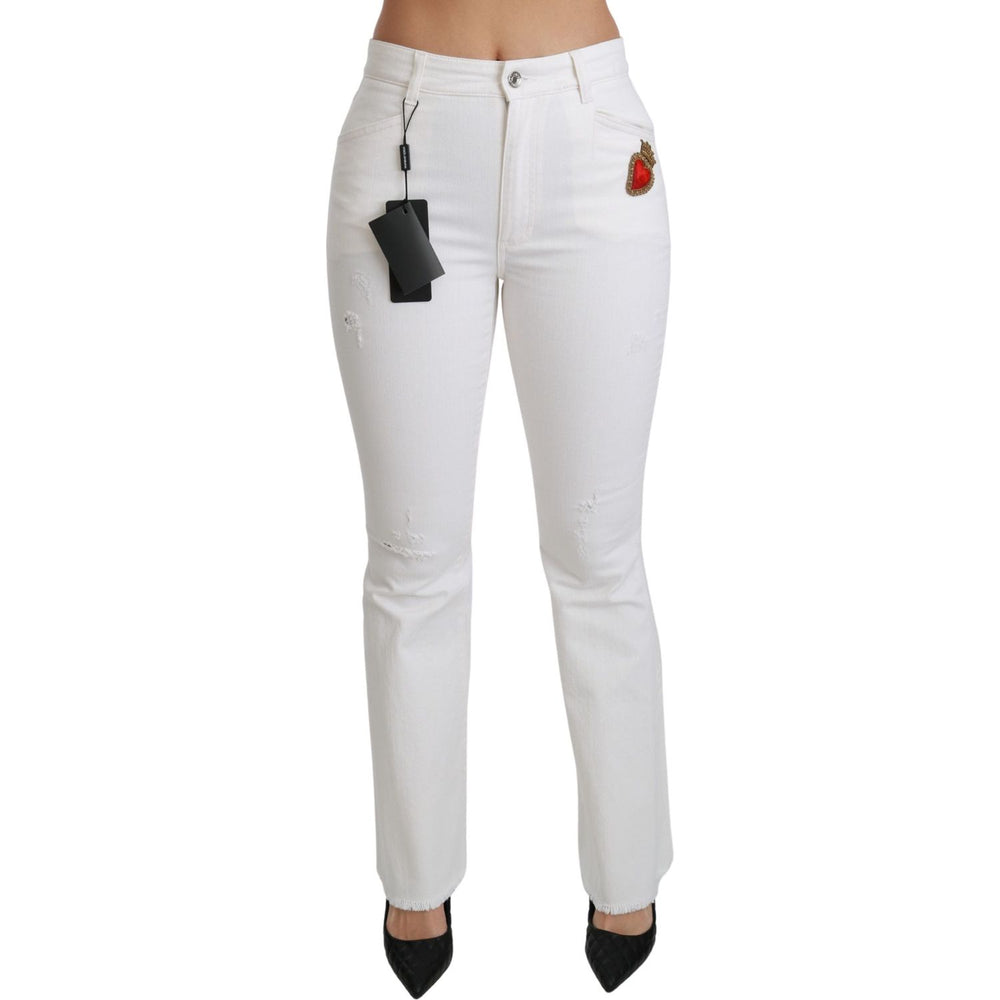 Dolce & Gabbana White Heart Flared Stretch Cotton Pants PAN70897-38