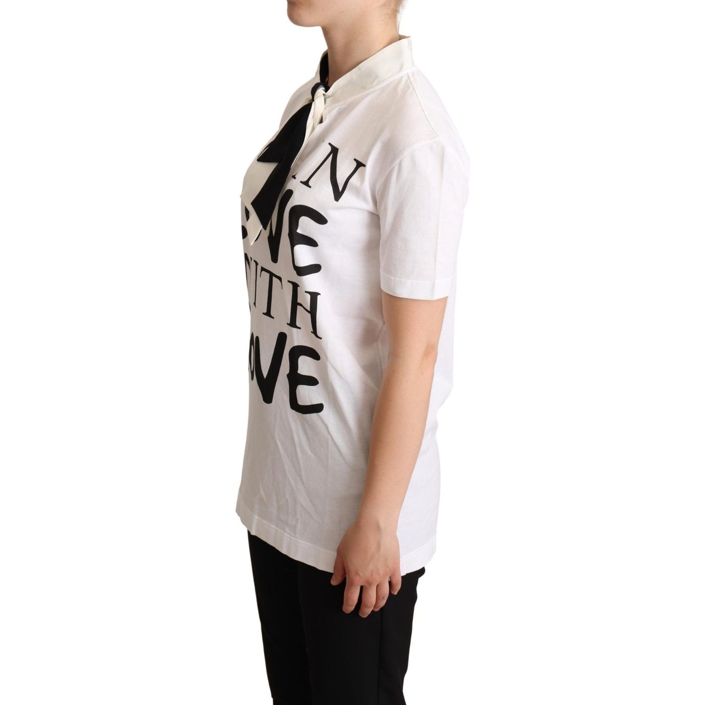 Dolce & Gabbana White Cotton Silk Blend Ascot Collar T-shirt TSH6739 -36