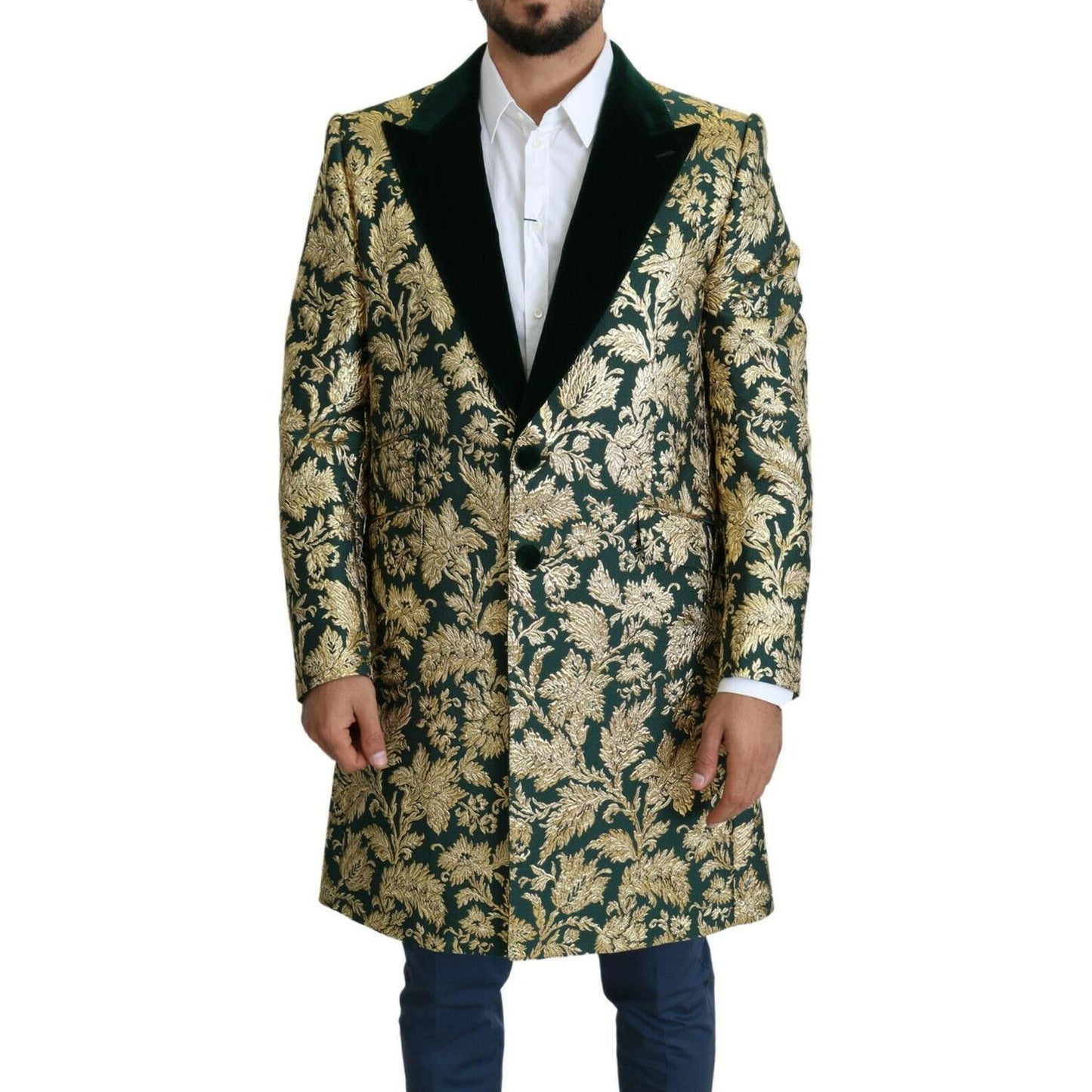 Dolce & Gabbana DOLCE & GABBANA Jacket SICILIA Green Gold Jacquard Long Coat JKT2724- 52