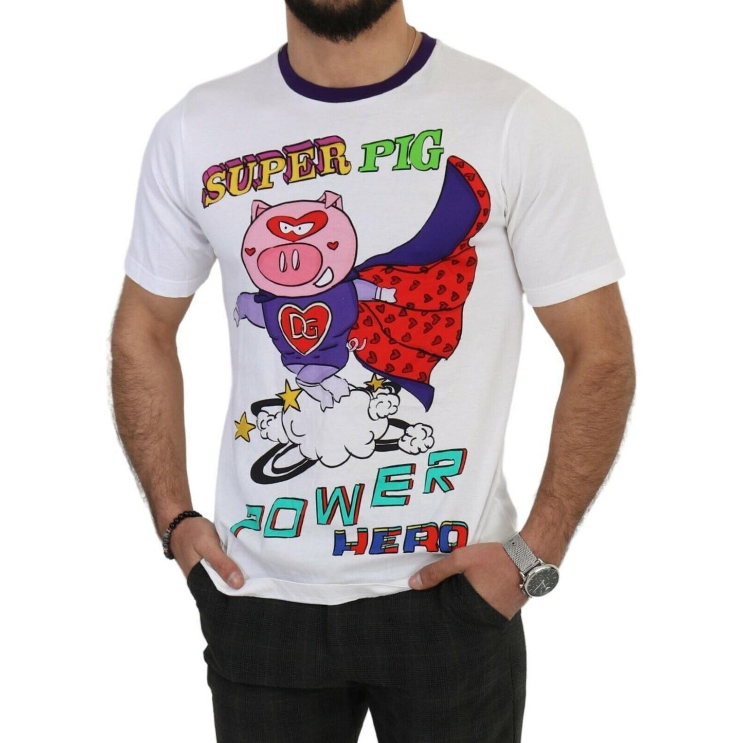 Dolce & Gabbana White Cotton Top Super Power Pig T-shirt TSH1990- 44
