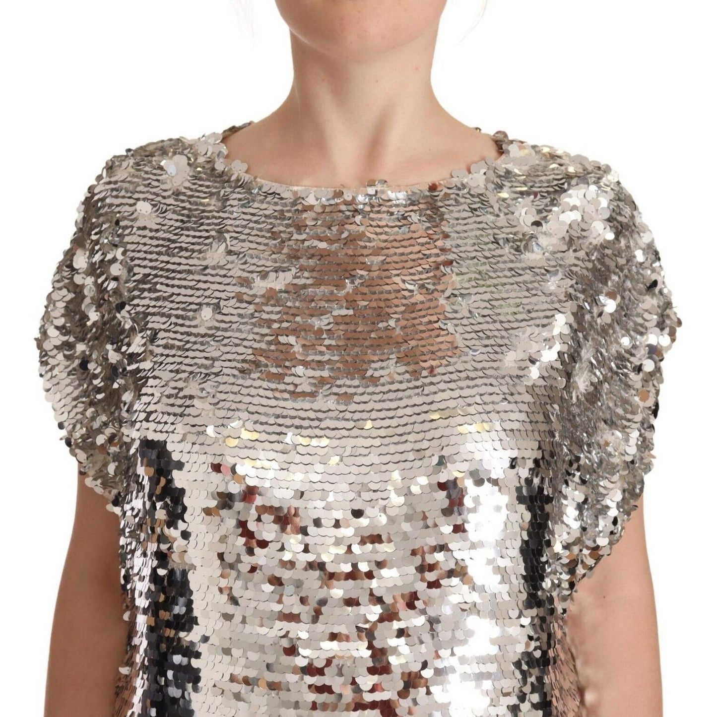 MSGM Silver Sequined Polyester Short Sleeves Shift Mini Dress DR28349 - 38