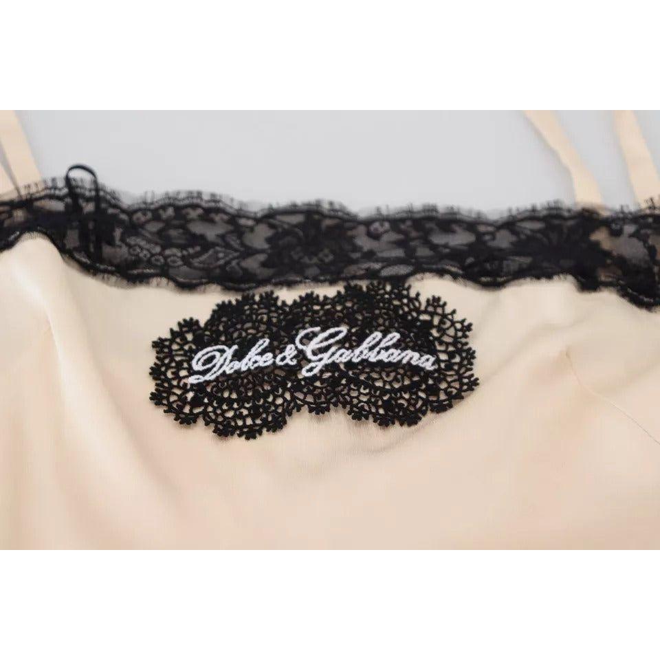 Dolce & Gabbana Beige Lace Spaghetti Logo Embroidery Top