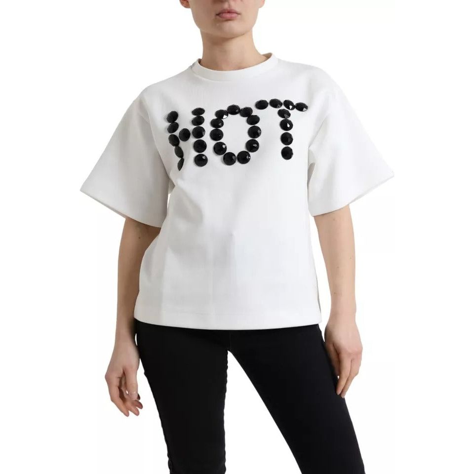 Dolce & Gabbana White Cotton Stretch Black HOT Crystal T-shirt TSH99919-M