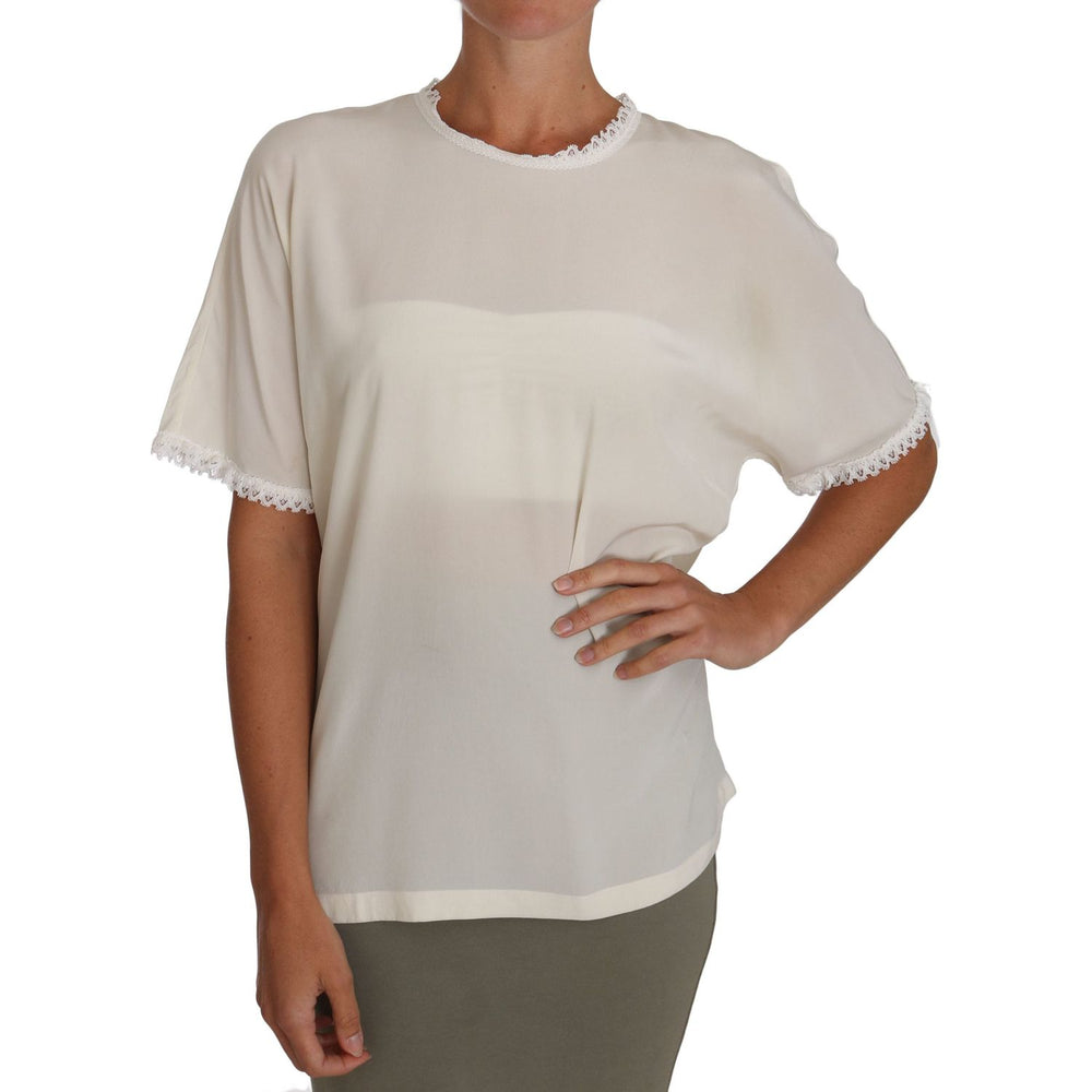 Dolce & Gabbana White Cream Silk Lace Top Blouse T-Shirt TSH2687#3- 44