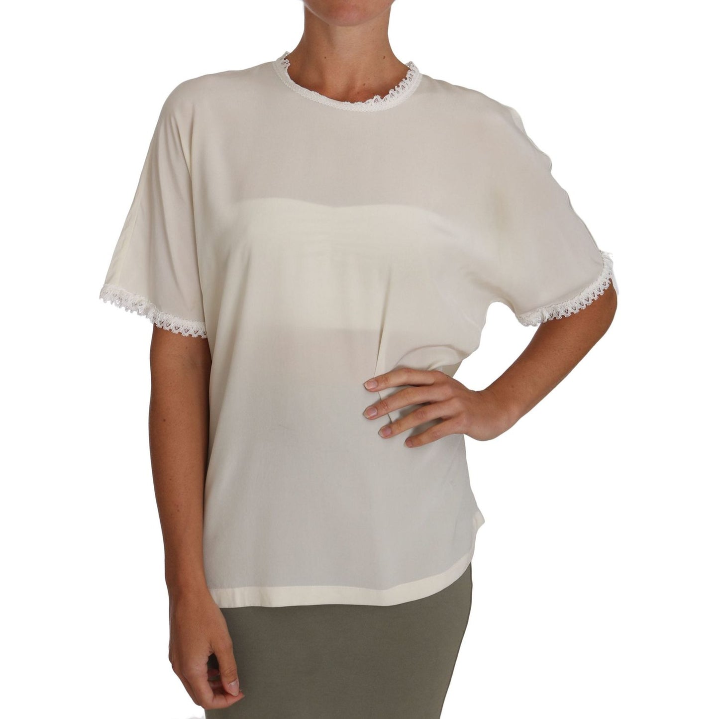 Dolce & Gabbana White Cream Silk Lace Top Blouse T-Shirt TSH2687#3- 44