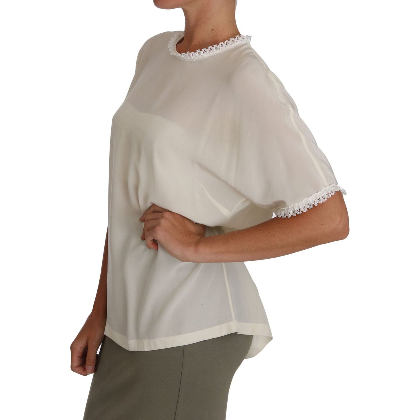 Dolce & Gabbana White Cream Silk Lace Top Blouse T-Shirt TSH2687#3- 44