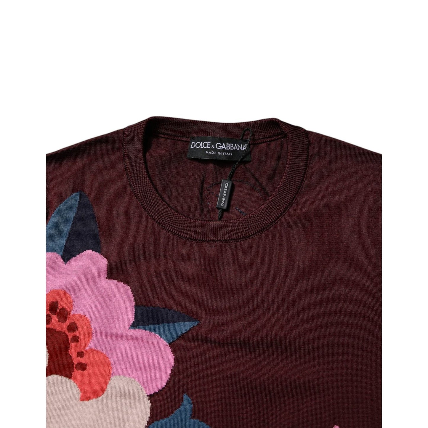 Dolce & Gabbana Maroon Floral Silk Crew Neck Blouse Top