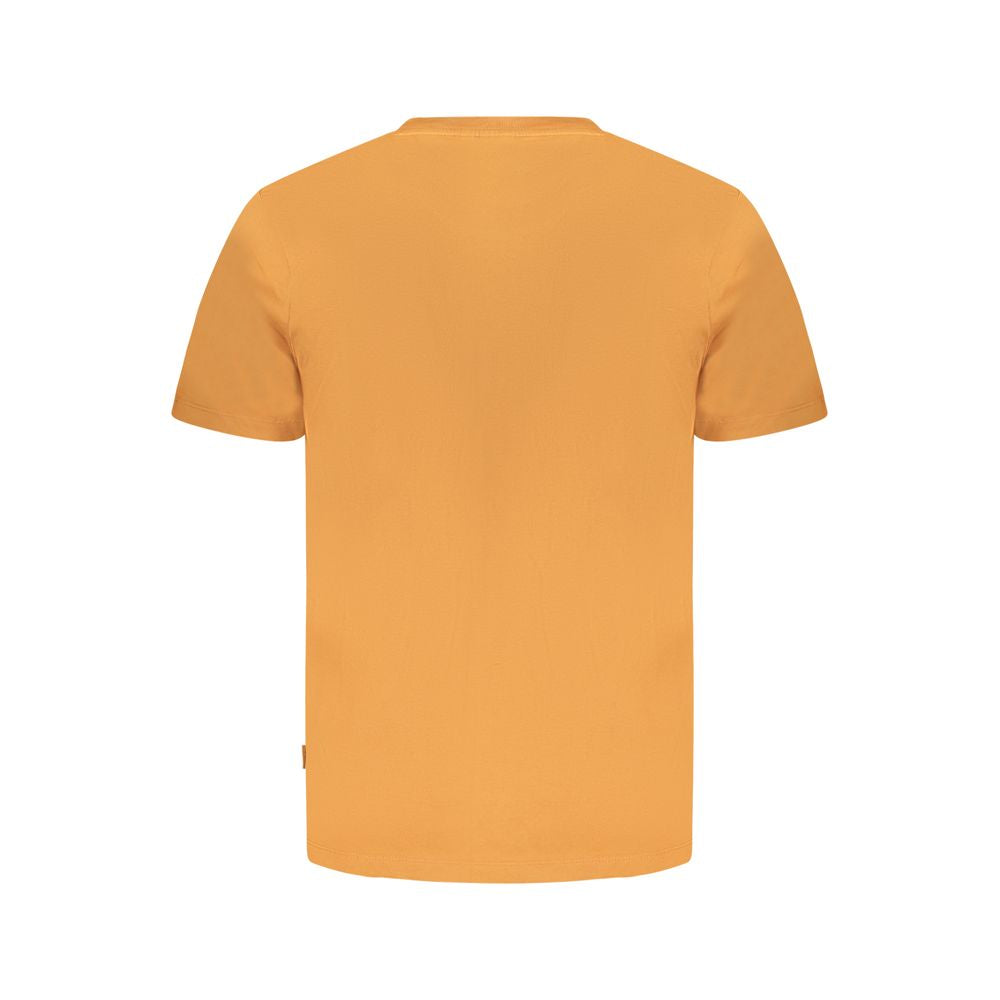 Back view of Pepe Jeans Orange Cotton T-Shirt with short sleeves and crew neck, featuring sustainable material and logo print.