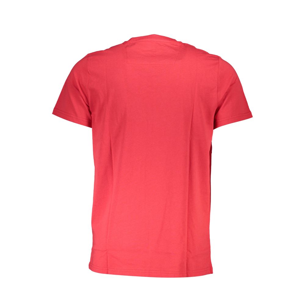 Back view of Cavalli Class Red Cotton Men T-Shirt showcasing its vibrant color and soft fabric.