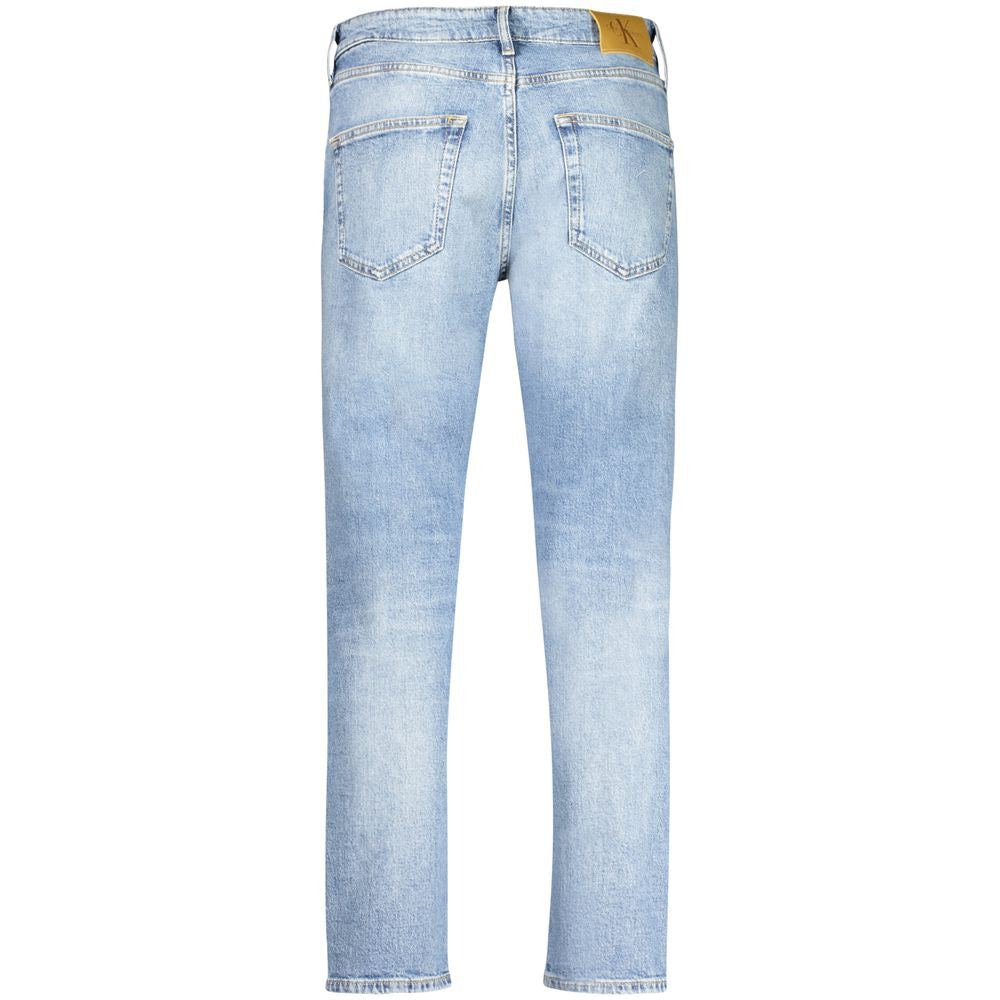 Calvin Klein Blue Cotton Men Jeans showcasing the back view with washed effect and eco-friendly recycled cotton design.