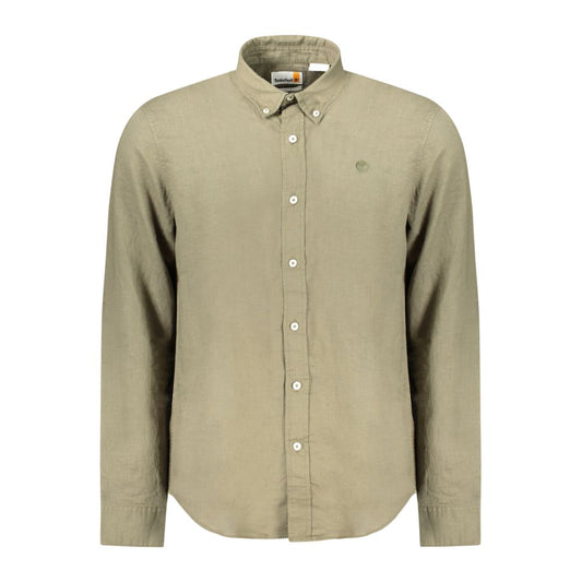 Timberland Green Cotton Shirt, long-sleeved, slim fit, button-down collar, with logo embroidery and one-button cuffs