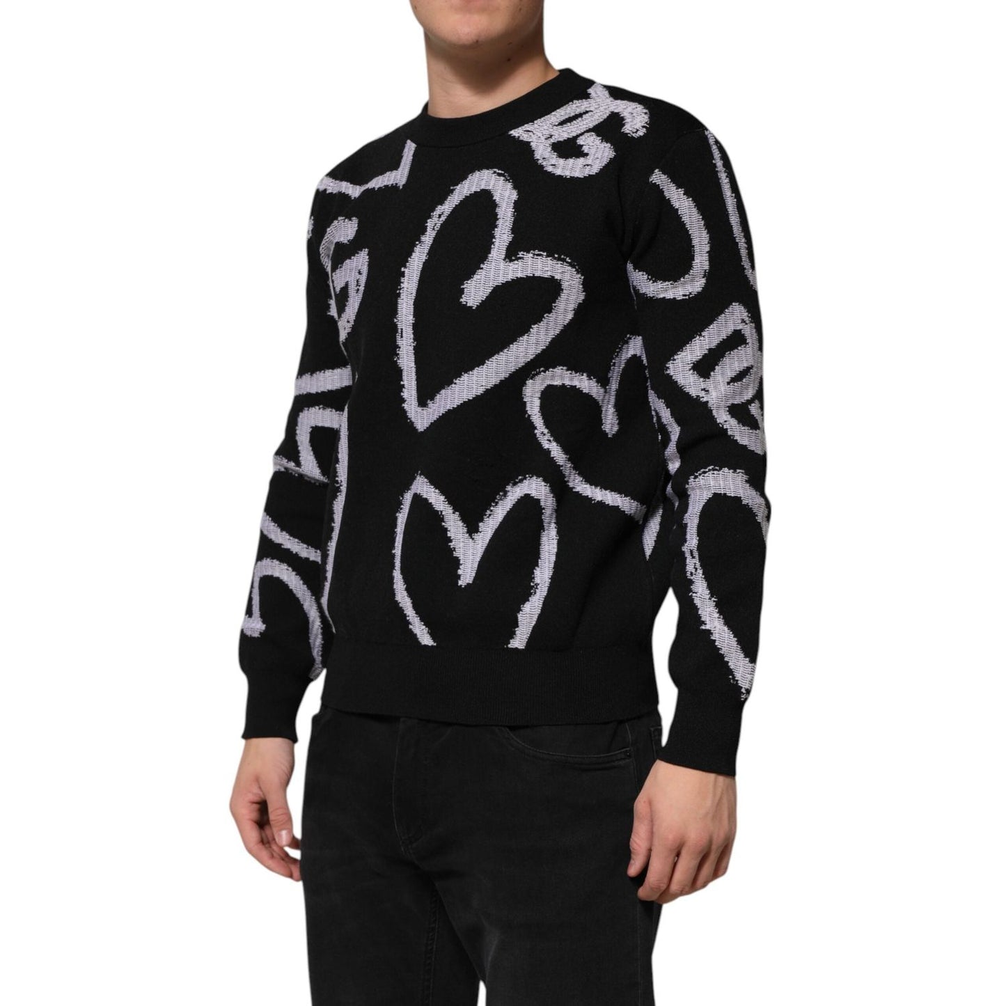 Dolce & Gabbana Black Nylon Wool Heart Print Pullover Sweater TSH91269-XS