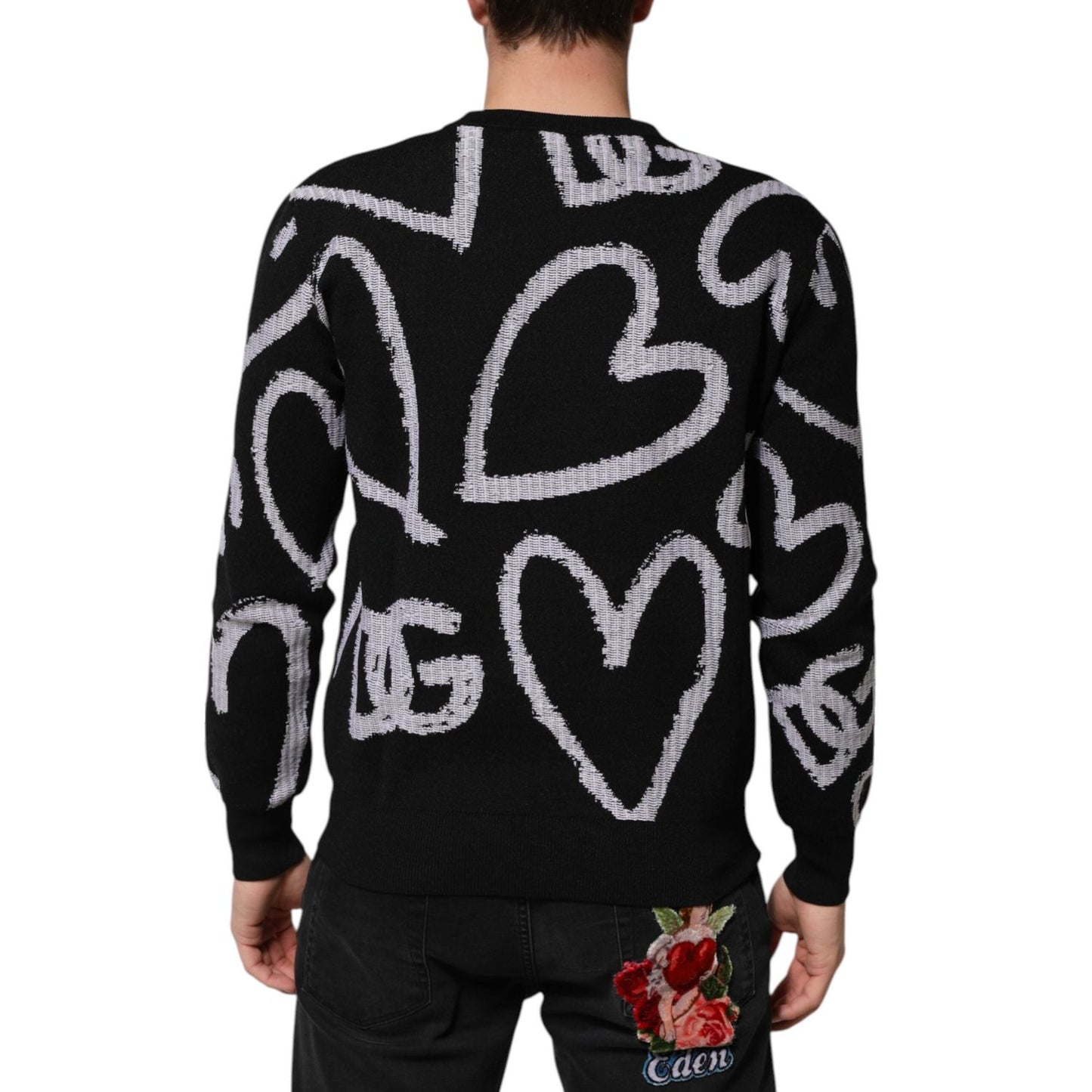 Dolce & Gabbana Black Nylon Wool Heart Print Pullover Sweater TSH91269-XS