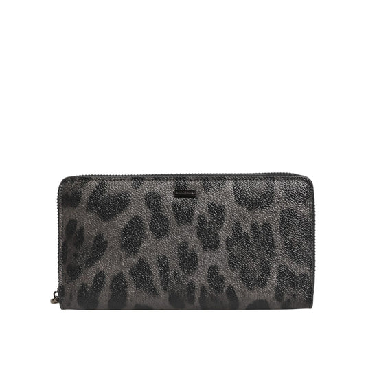 Dolce & Gabbana Black Gray Leopard Leather Zip Around Continental Wallet