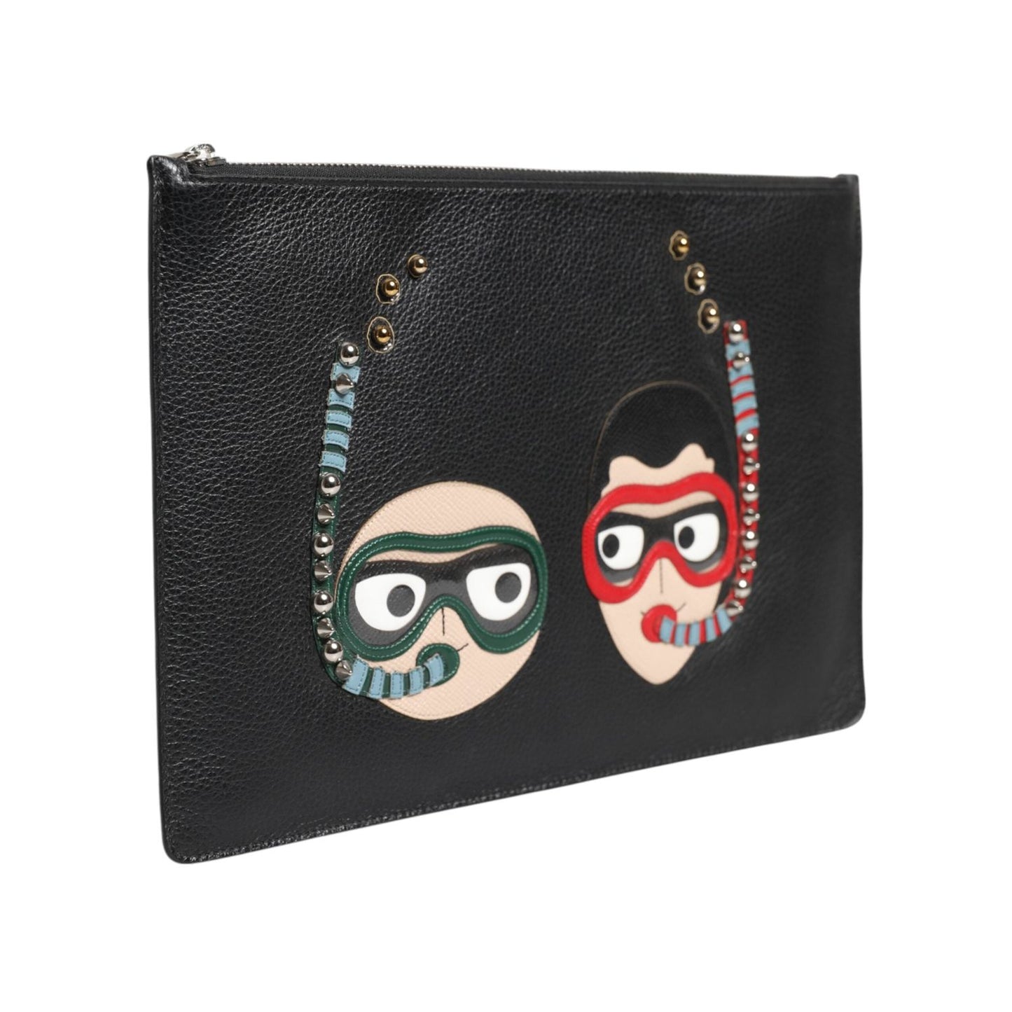 Dolce & Gabbana Black Leather #DGFAMILY Embellished Men Clutch Pouch Bag