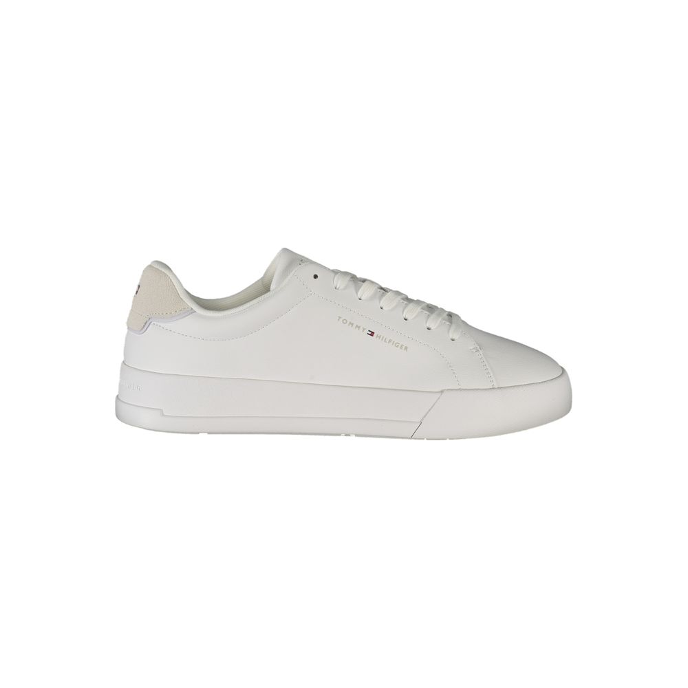 Tommy Hilfiger White Leather Men Sneaker with grey accents and logo, showcasing casual sophistication and style.