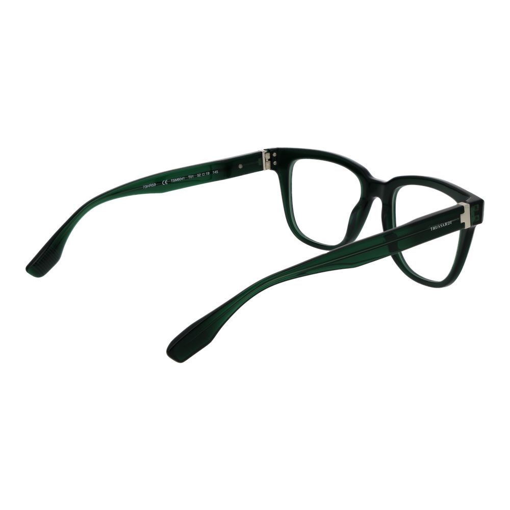 Trussardi Green Acetate Glasses (Frames) for men with full-rim green acetate frame, shown from side angle, includes branded case.