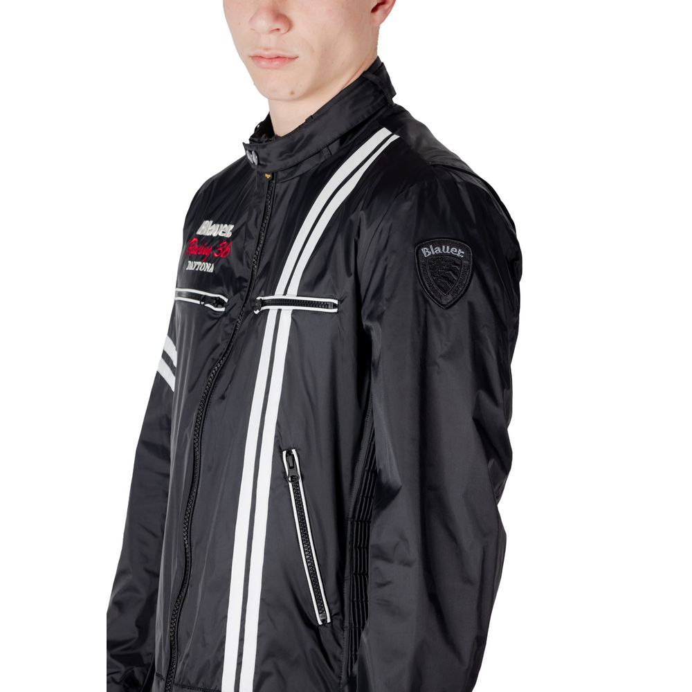 Blauer Black Polyamide Biker Jacket with racing stripes and embroidered details