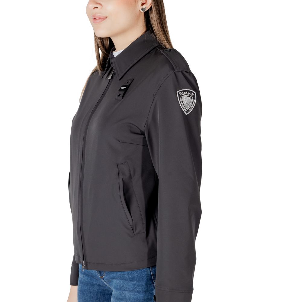Woman wearing Blauer Black Polyamide Bomber jacket with logo on sleeve