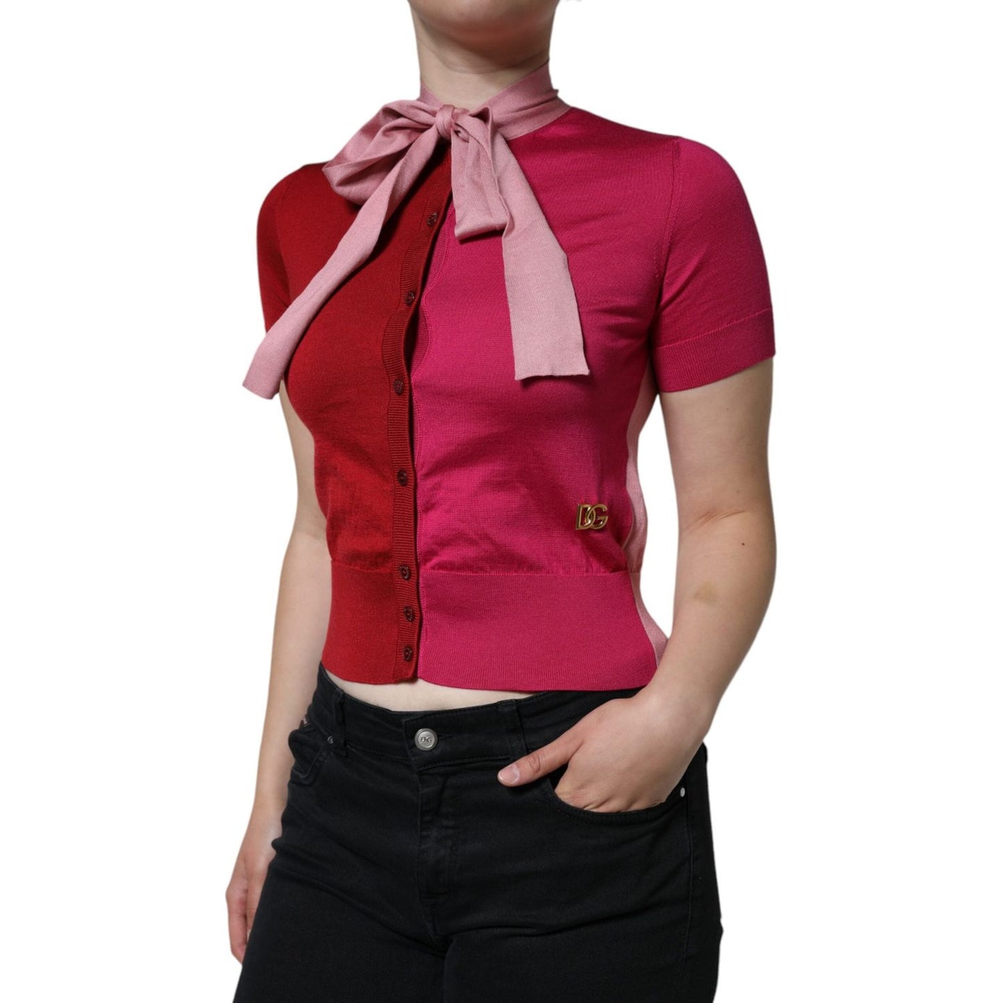 Dolce & Gabbana Pink Short Sleeves Pullover Ascot Collar Top TSH86627-36