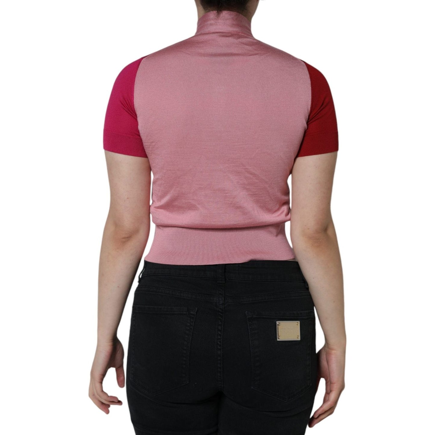 Dolce & Gabbana Pink Short Sleeves Pullover Ascot Collar Top TSH86627-36