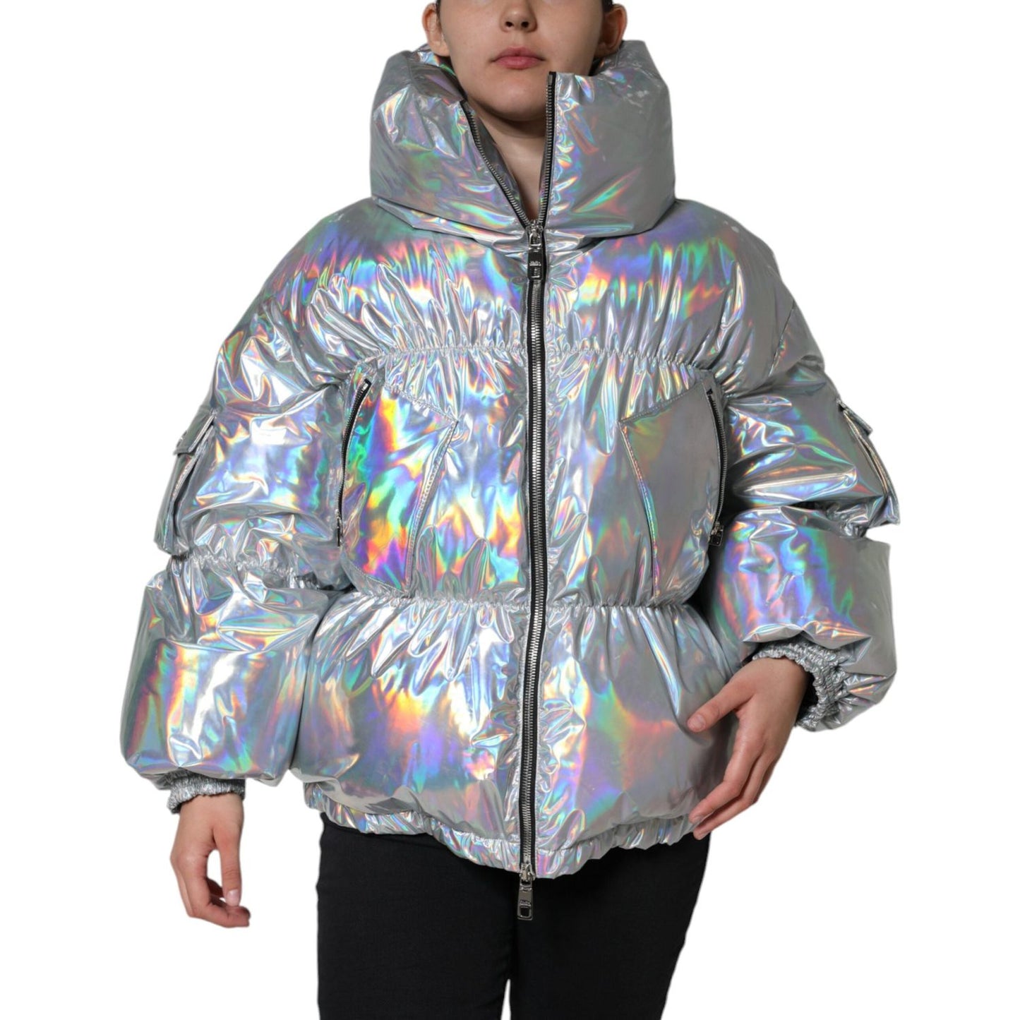 Dolce & Gabbana Silver Iridescent Puffer Full Zip Coat Jacket JKT4096-40