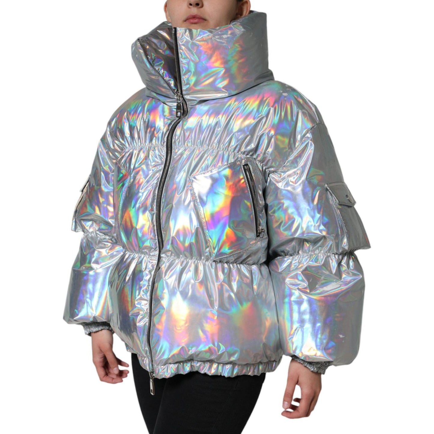 Dolce & Gabbana Silver Iridescent Puffer Full Zip Coat Jacket JKT4096-40
