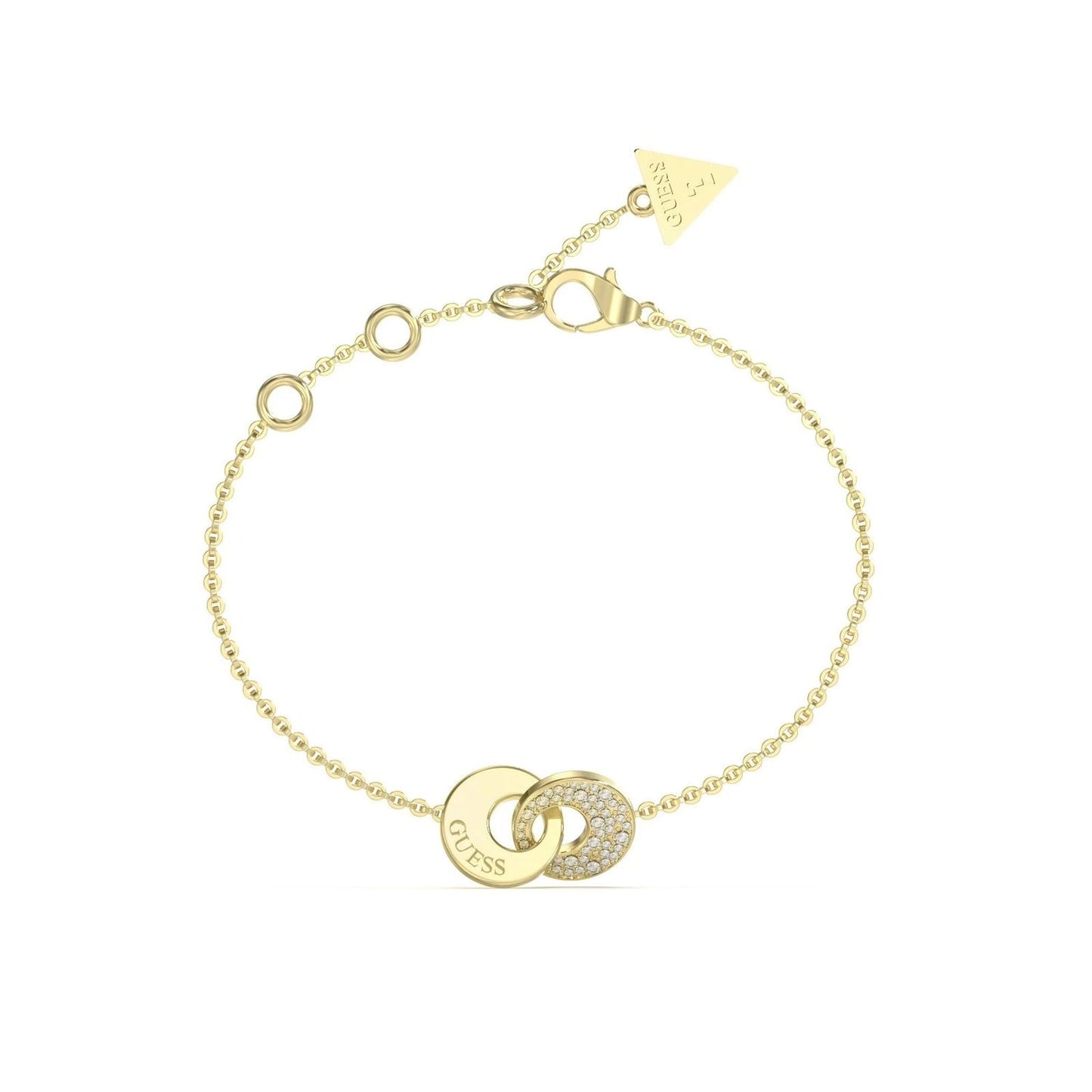 Gold bracelet from GUESS JEWELS JEWELRY Mod. JUBB05220JWYGS with engraved logo and crystal details, showcasing elegant craftsmanship.
