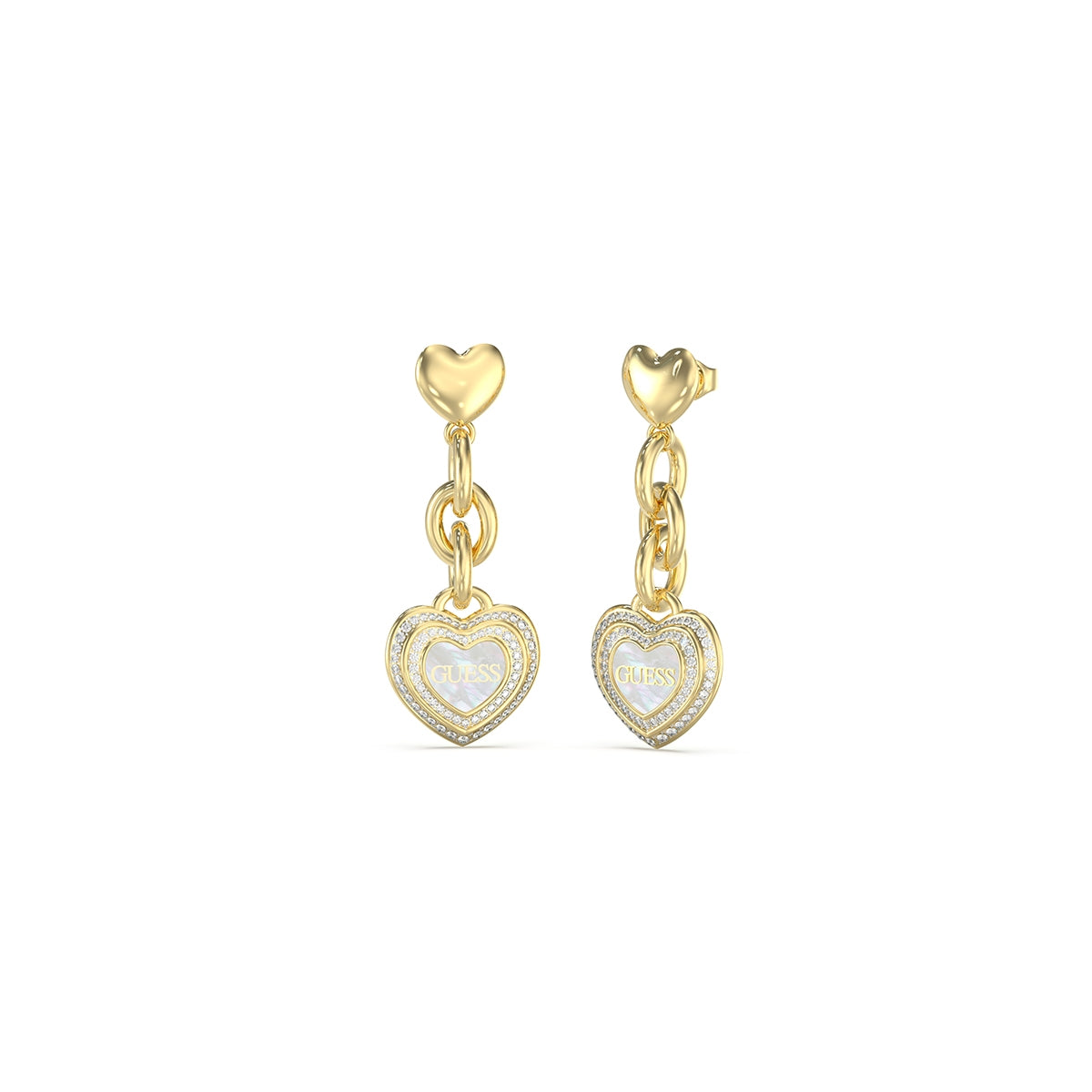 GUESS JEWELS JEWELRY Mod. JUBE04024JWYGWHT-U heart-shaped gold earrings with logos
