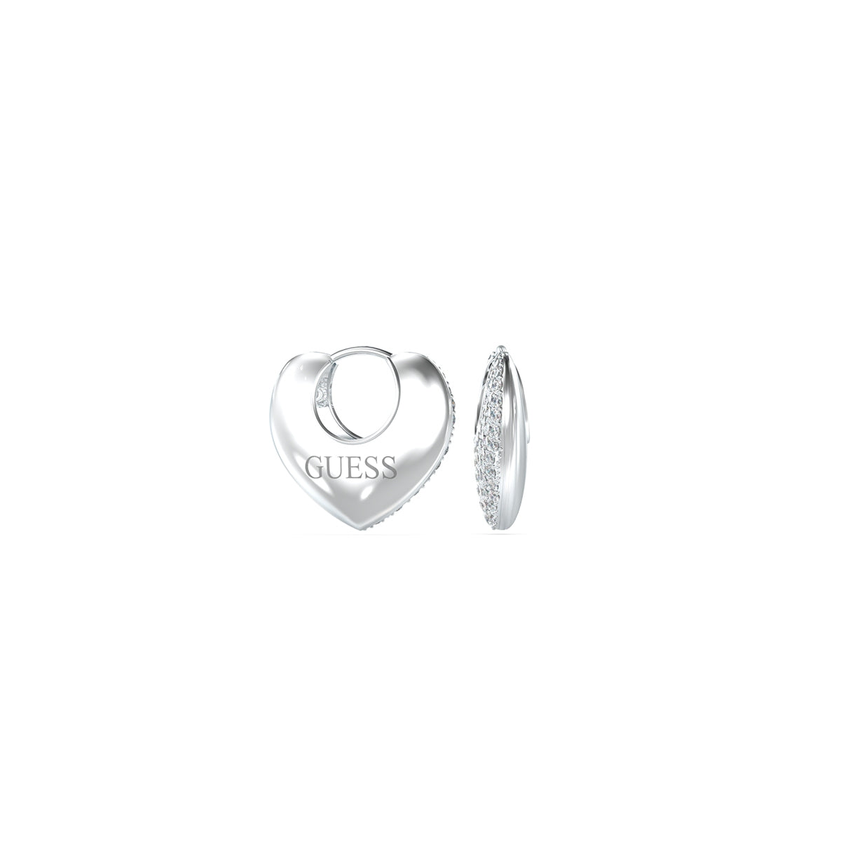 GUESS JEWELS JEWELRY Mod. JUBE05207JWRHT-U silver heart-shaped earrings showcasing brand logo.