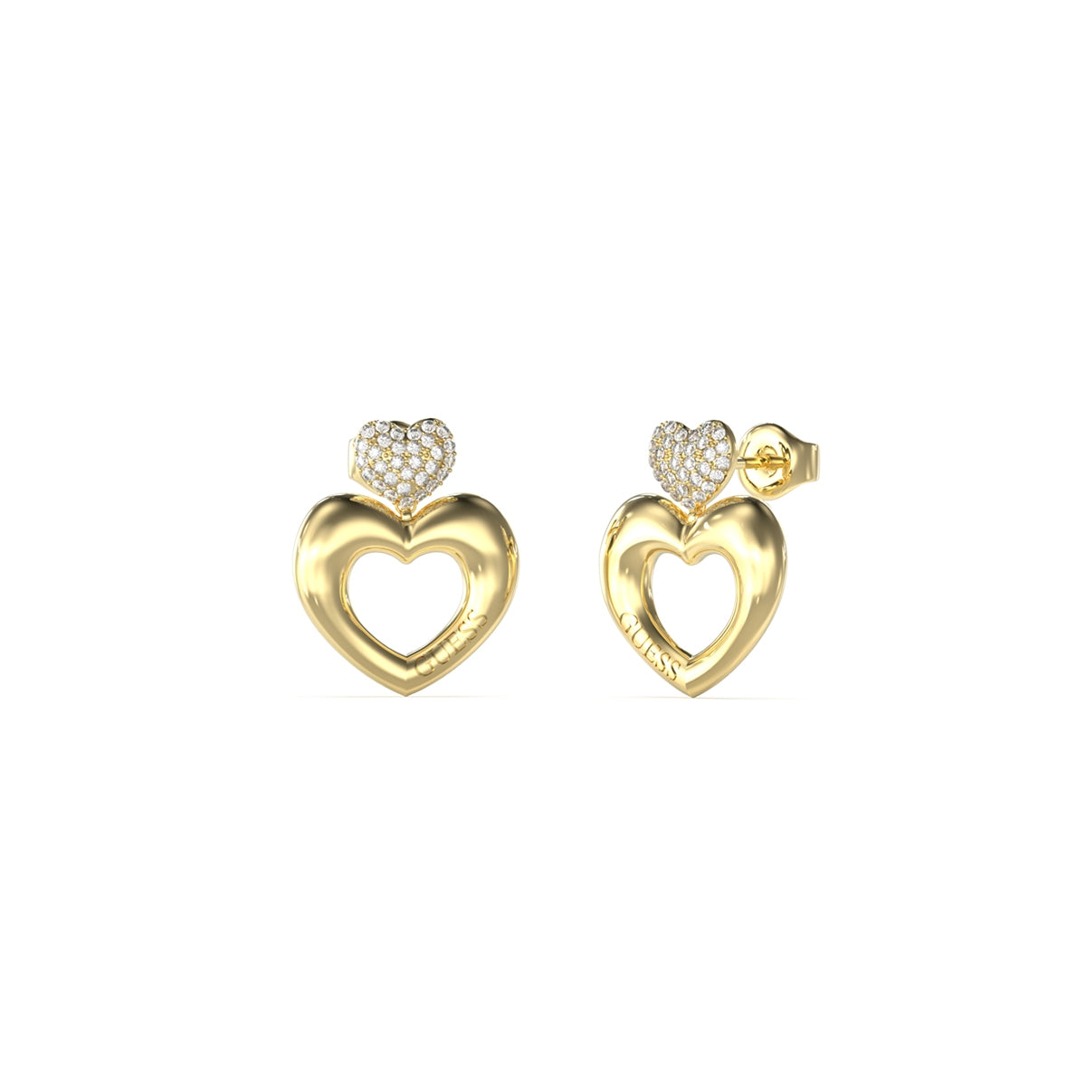 Gold heart earrings by GUESS JEWELS JEWELRY Mod. JUBE05209JWYGT-U with crystal accents, luxury statement pieces.