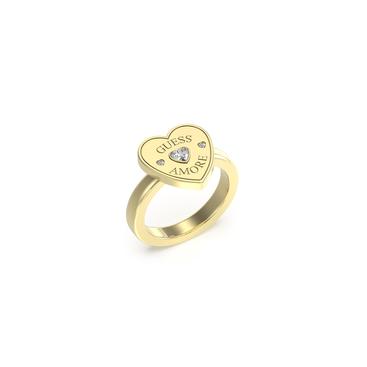 Gold heart ring GUESS JEWELS JEWELRY Mod. JUBR05059JWYG52 with "GUESS AMORE" engraved and a central gemstone.