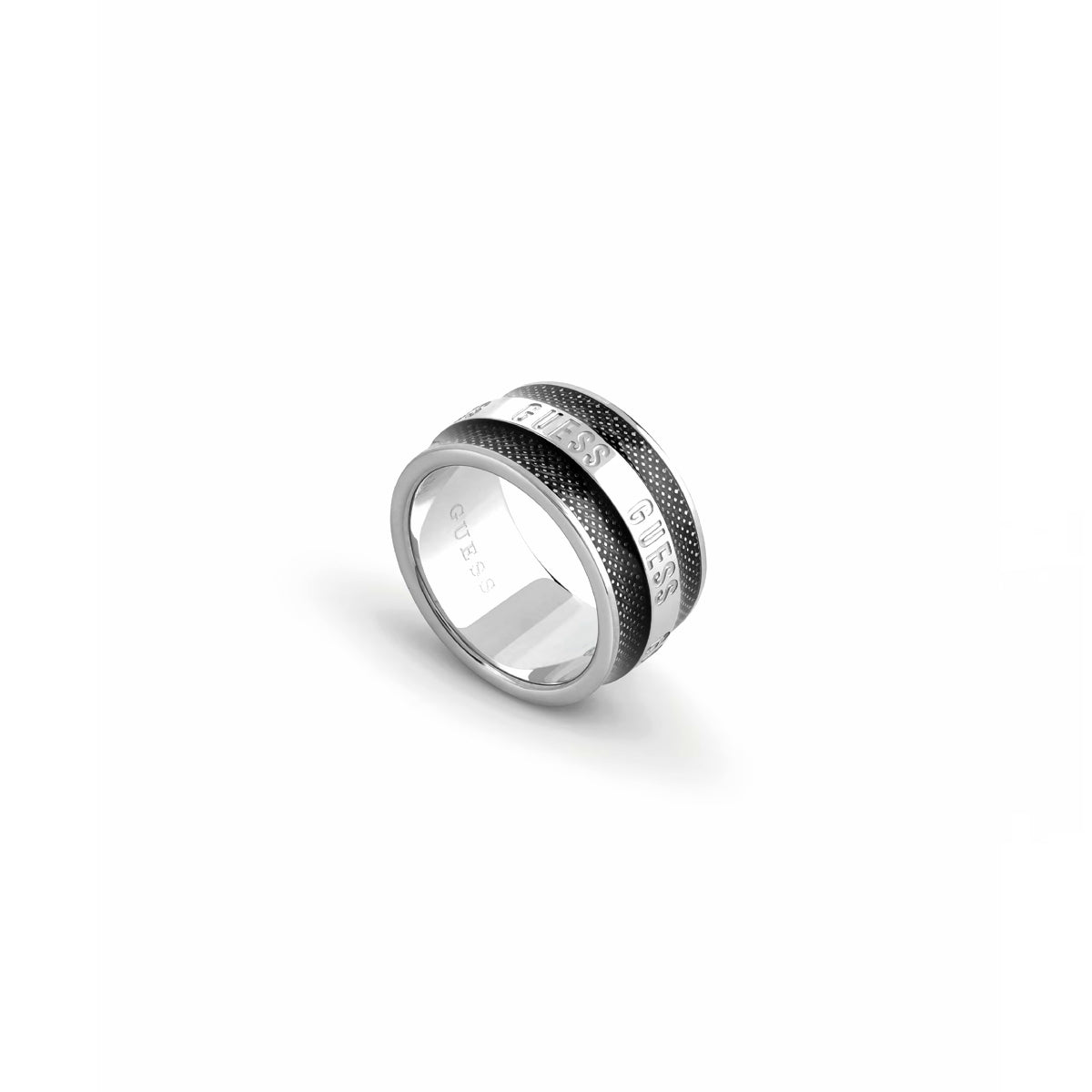 Alt Tag: GUESS JEWELS JEWELRY Mod. JUMR03209JWSTBK62 stylish men's ring with logo detail in black and silver.