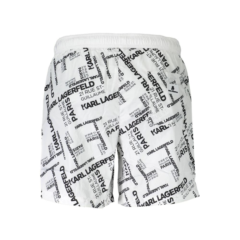 Karl Lagerfeld White Polyester Swimwear medium swim boxer with 2 pockets, 1 back pocket, inside slip, laces, and logo design.