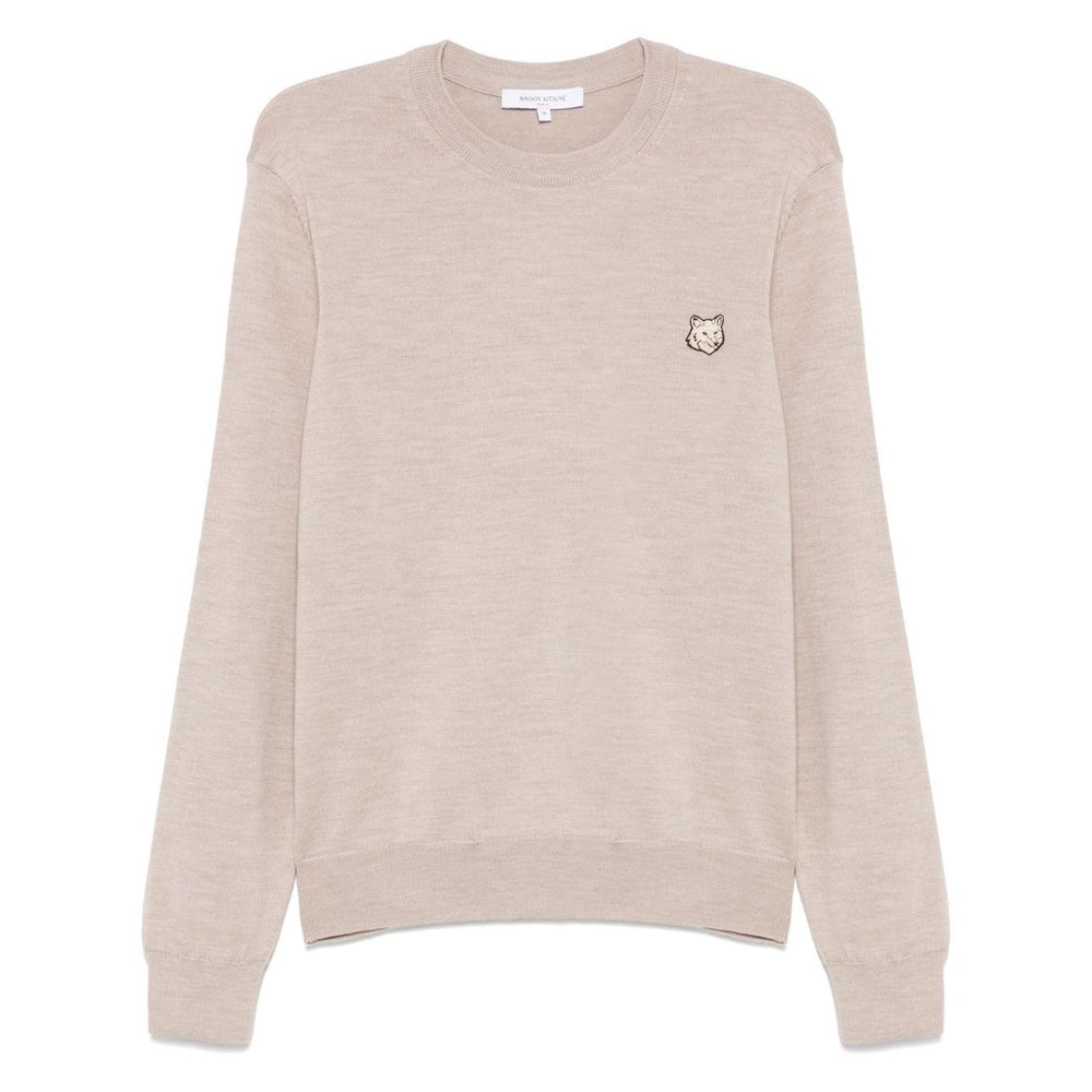 Maison Kitsuné Maison Kitsune Fox motif sweater in light beige, crew neck, long sleeves, ribbed cuffs, wool jumper with fox head detail.