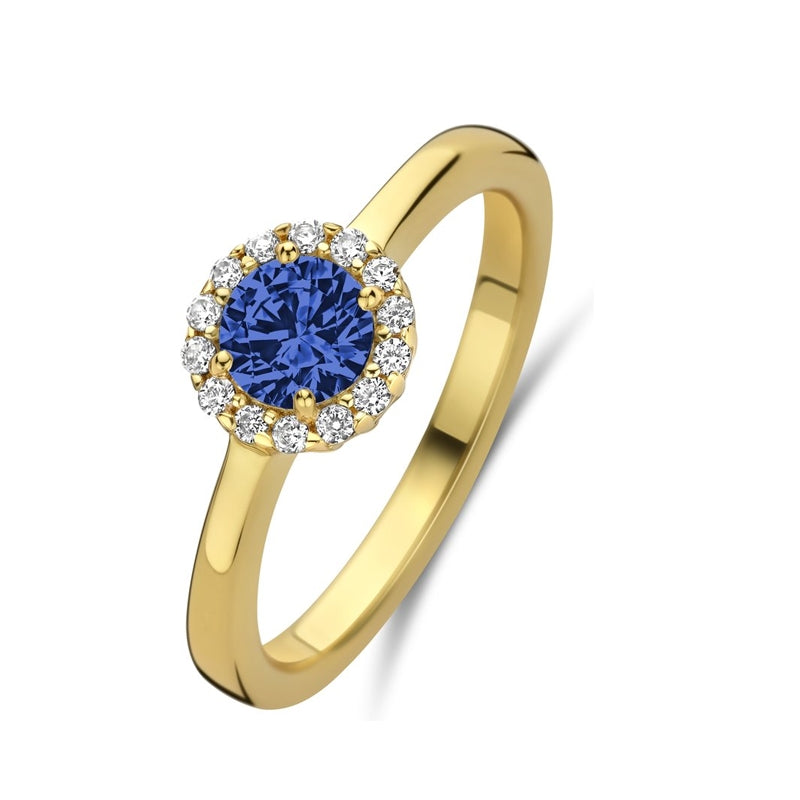 NEW BLING Mod. 9NB-1540-58 gold ring with blue gemstone and diamond accents, elegant jewelry piece.