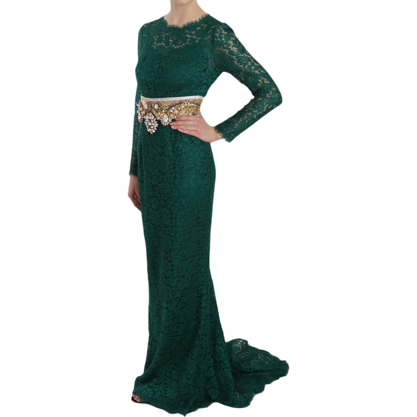 Dolce & Gabbana Crystal Gold Belt Lace Sheath Gown Dress