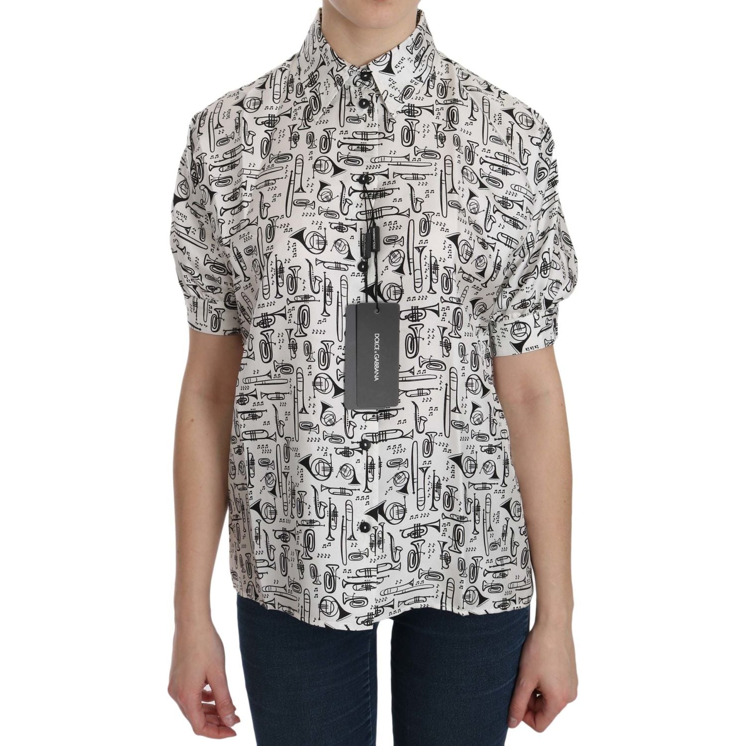 Dolce & Gabbana White Musical Instrument Collared Blouse  Shirt