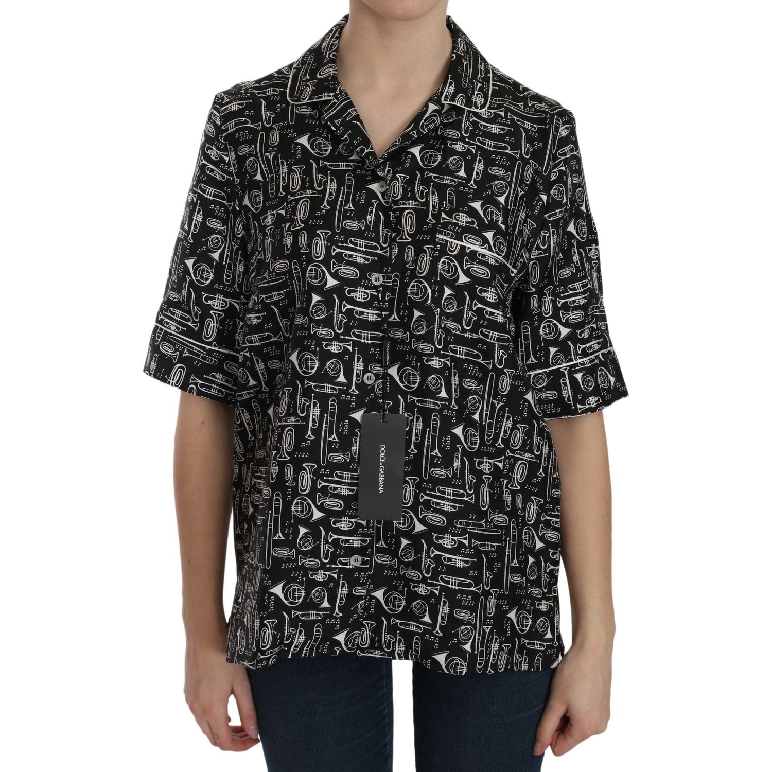 Dolce & Gabbana Black Musical Instrument Print Silk  Top