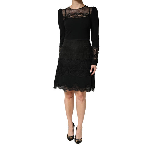 Dolce & Gabbana Black Lace Sheer Panel Midi Long Sleeve  Dress