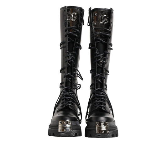 Dolce & Gabbana Black Leather Knee High Combat Boots Shoes