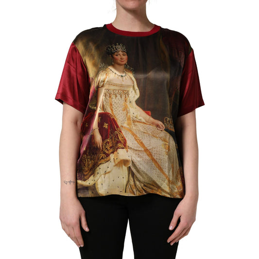 Dolce & Gabbana Maroon Royal Crown Dress Queen Painting Silk T-shirt