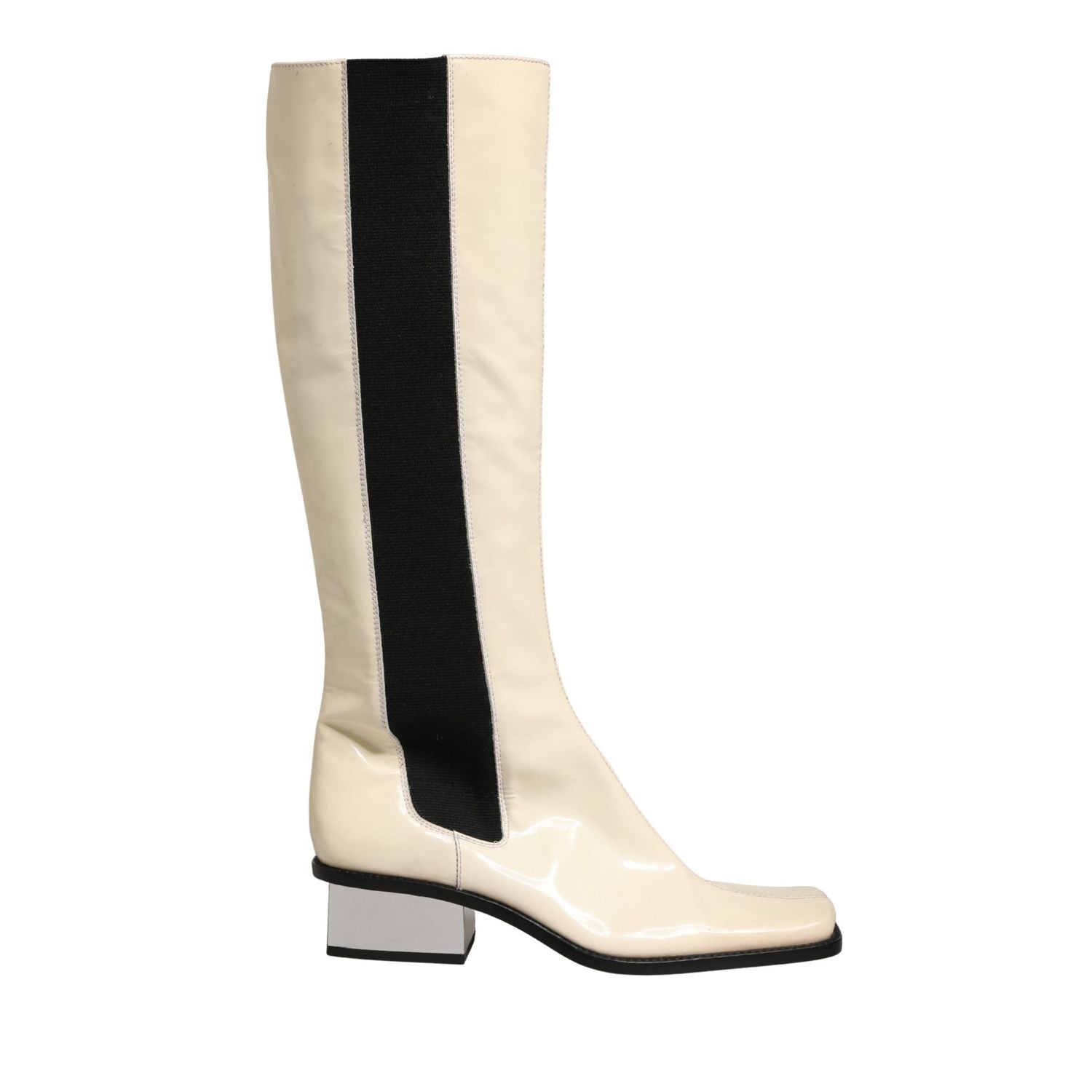 Dolce & Gabbana White Black Leather Knee High Boots Shoes