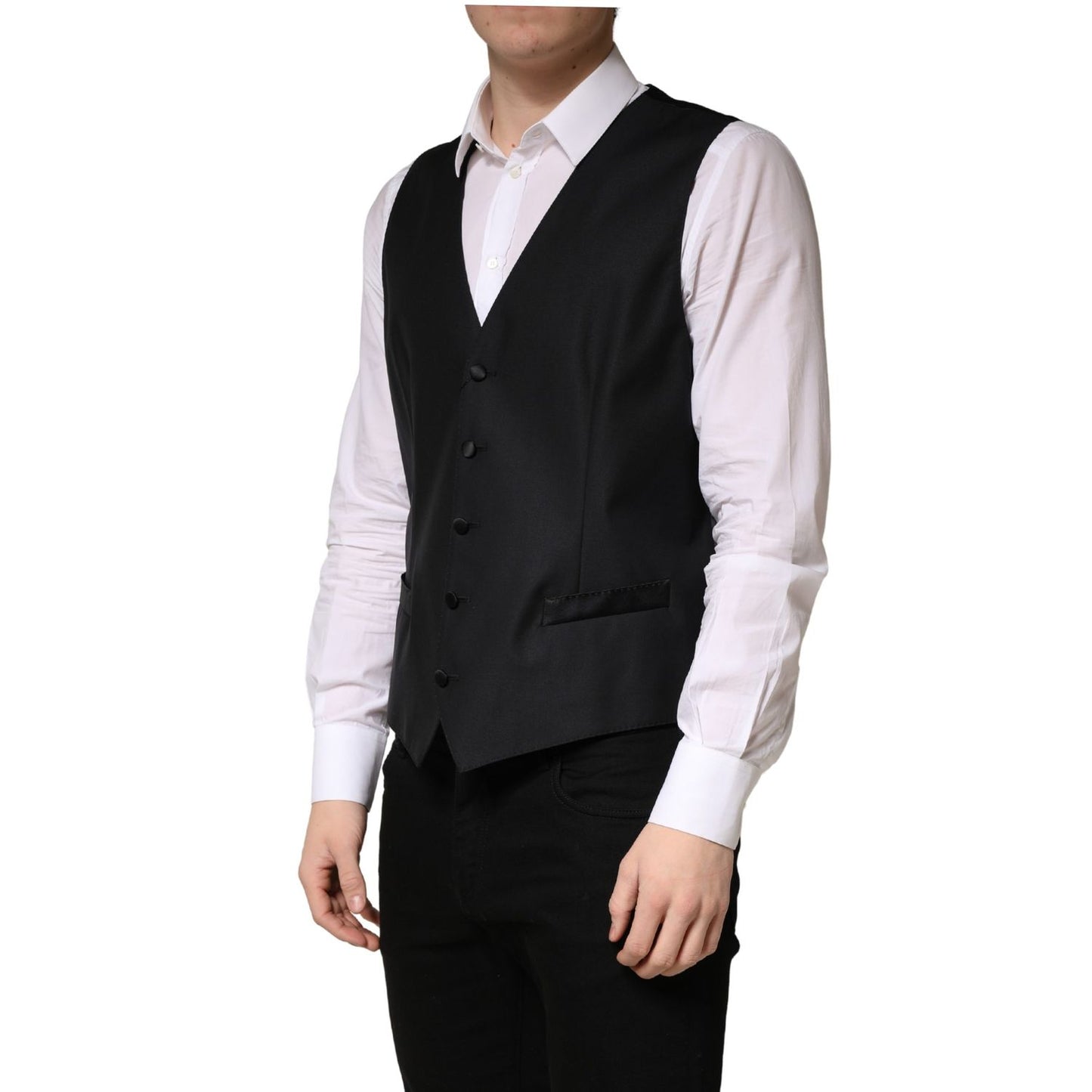 Dolce & Gabbana Black Wool Single Breasted Men Waistcoat Vest