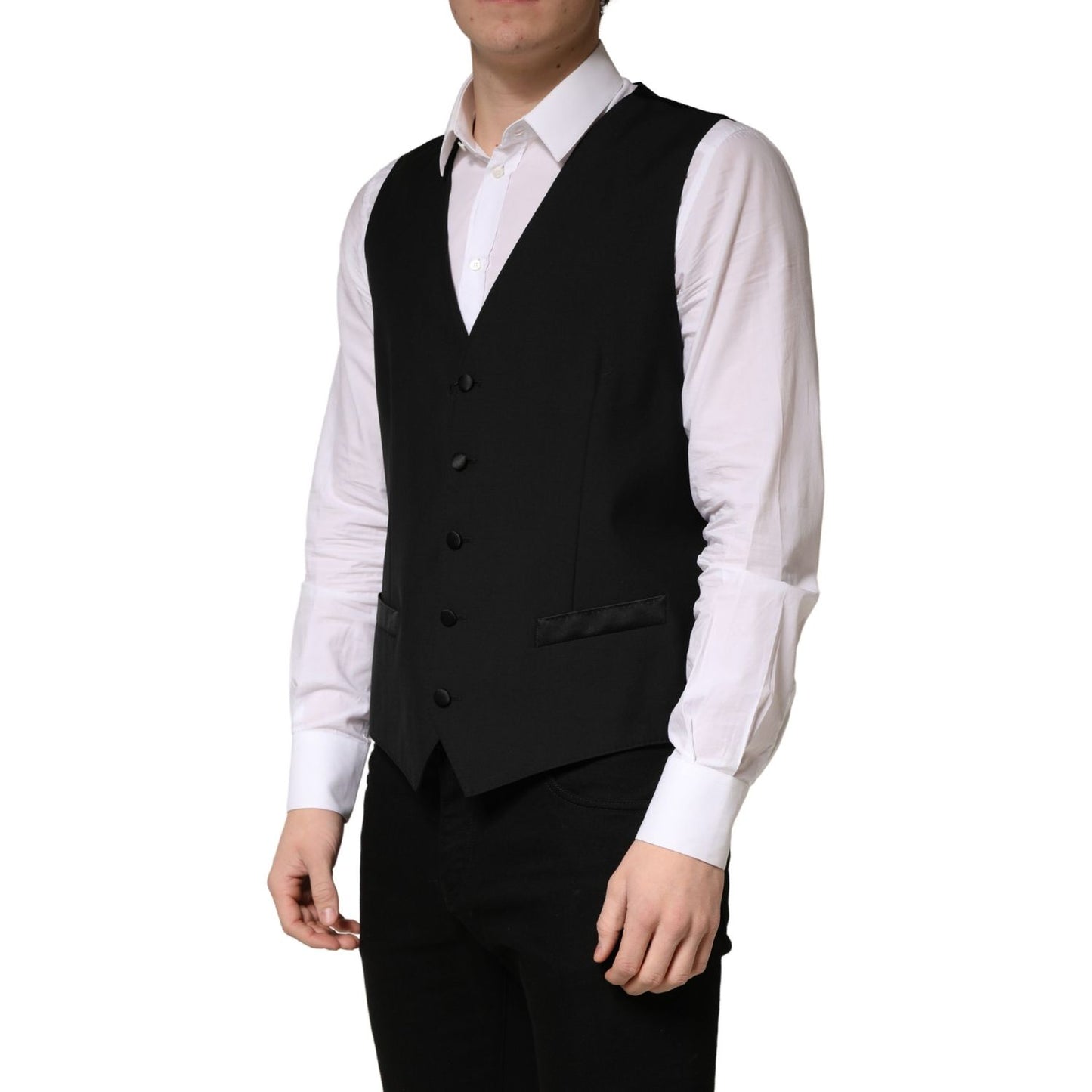 Dolce & Gabbana Black Wool Single Breasted Men Waistcoat Vest