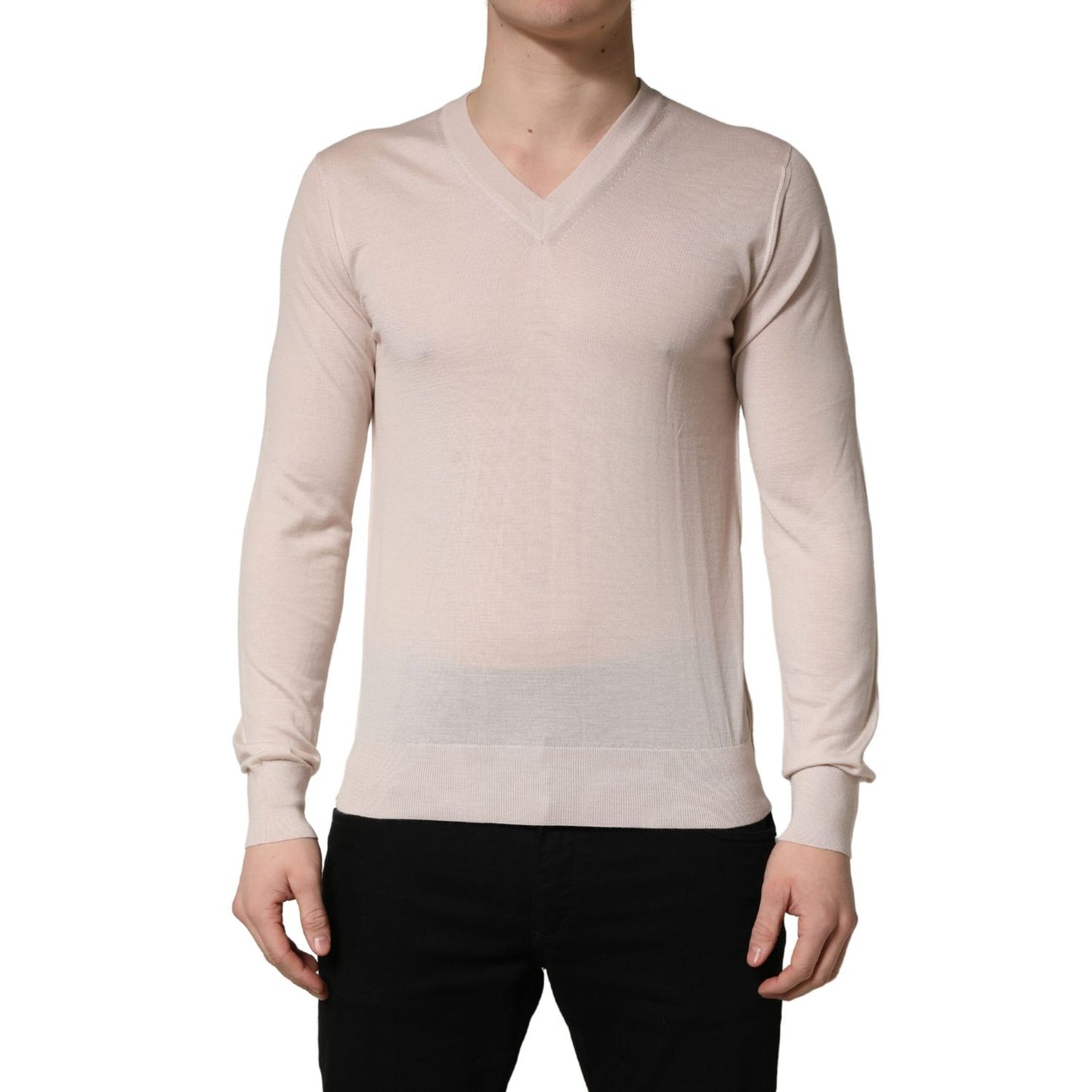 Dolce & Gabbana Beige Cashmere V-neck Men Pullover Sweater