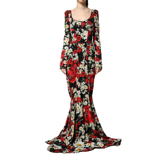 Dolce & Gabbana Black Floral Silk Long Sleeves Gown Dress