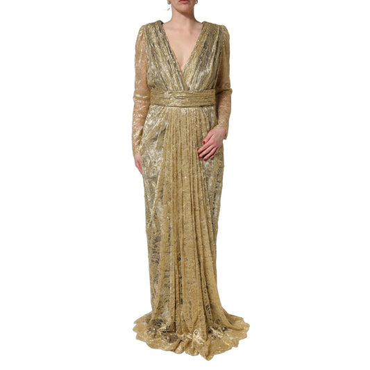 Dolce & Gabbana Gold Sheer Lace Crystal Embellished Dress