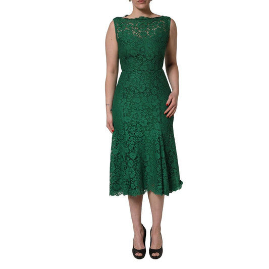 Dolce & Gabbana Green Floral Lace Cotton Sleeveless Midi Dress