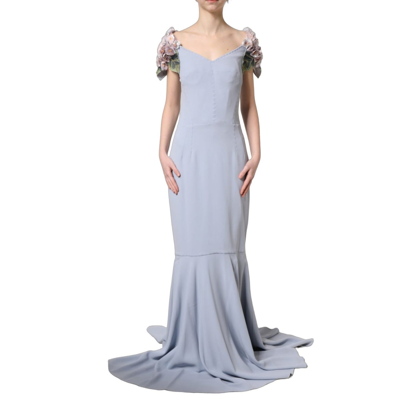 Dolce & Gabbana Light Blue Hydrangea Embellished Cap Sleeve Dress